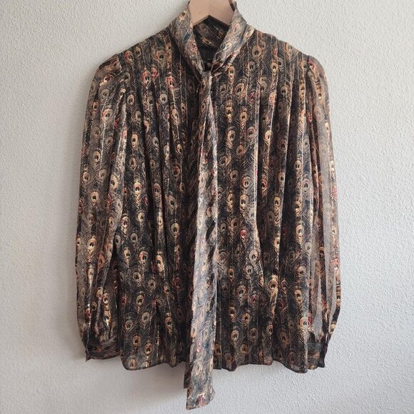 St. John Tops - Vintage St John Blouse Womens 10 Black Gold Peacock Feather Sheer Bow 80s Glam